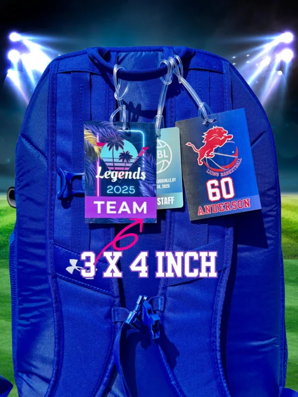 Fully customized Bag Tags: Personalized Double-Sided 3x4" Sports Bag Tag Badges